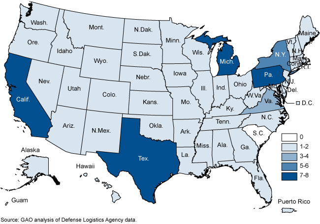 U.S. map showing number of procurement technical assistance centers in each state
