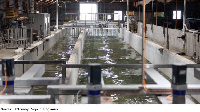 Two large water chambers separated by concrete walls, in a warehouse-type space with pipes and machinery.