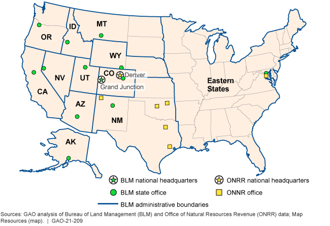 Map of the United States showing the administrative boundaries of the Bureau of Land Management and the locations of the headquarters and state offices of the Bureau and the Office of Natural Resources Revenue..