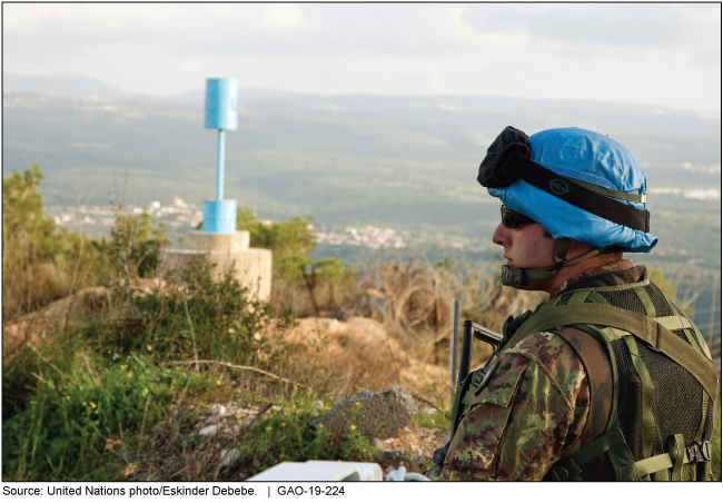 Photo of a soldier in a blue helmet in the field.