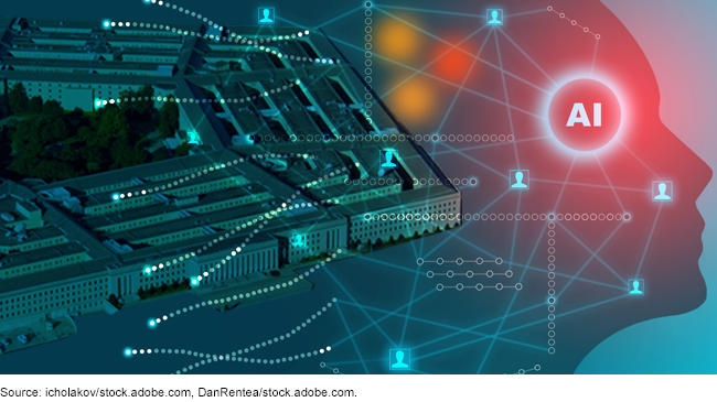 Illustration showing the Pentagon on the left overlaid with a network of dots and an outline of a woman's profile with the letters "AI" emblazoned on her.