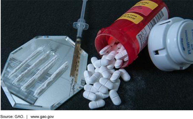 Photo showing pills spilling out of a prescription bottle next to a syringe and lines of white powder.   