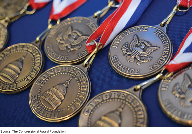 Several Congressional Award medals with striped ribbons. Several Congressional Award medals with striped ribbons.