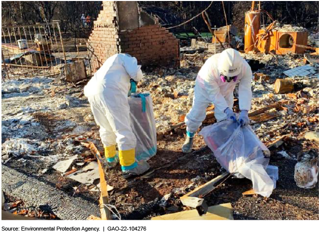 Two workers in white protective suits picking up debris from the ground.