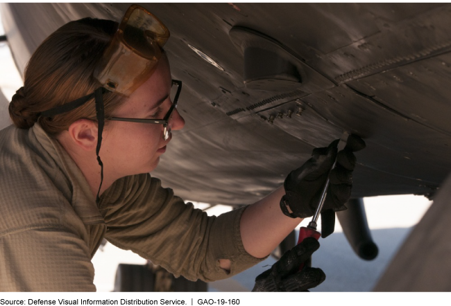 A woman wearing glasses and gloves uses a screwdriver on an exterior airplane panel.
