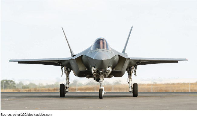 The F-35 fighter jet on a air strip. 