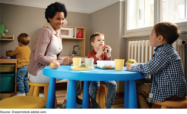 young children sitting at small table with an adult