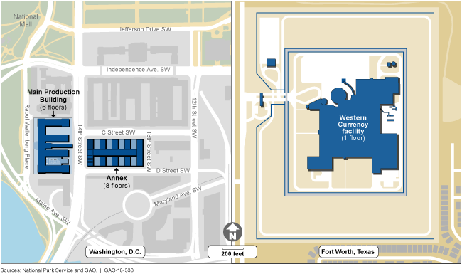 Maps show the 2 buildings of the downtown D.C. facility and the single building in Texas, which includes a secured perimeter.