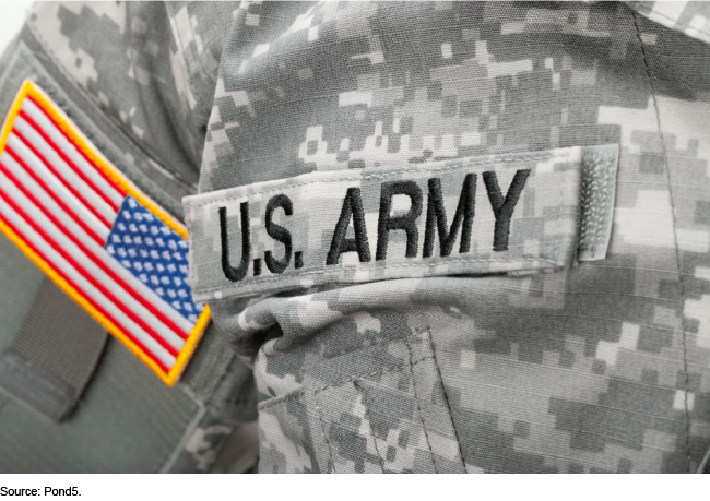 Close up of the words 'U.S. Army' on Army fatigues. 