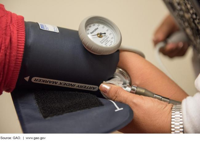 Photograph of a medical professional taking a patient's blood pressure using a cuff.
