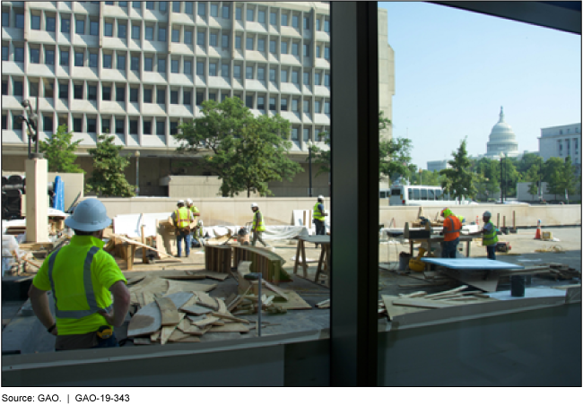 Construction workers in Washington, D.C. with the U.S. Capitol in the background.