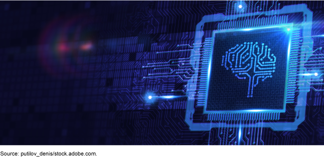 Glowing computer chip in a circuit with brain icon. Glowing computer chip in a circuit with brain icon.