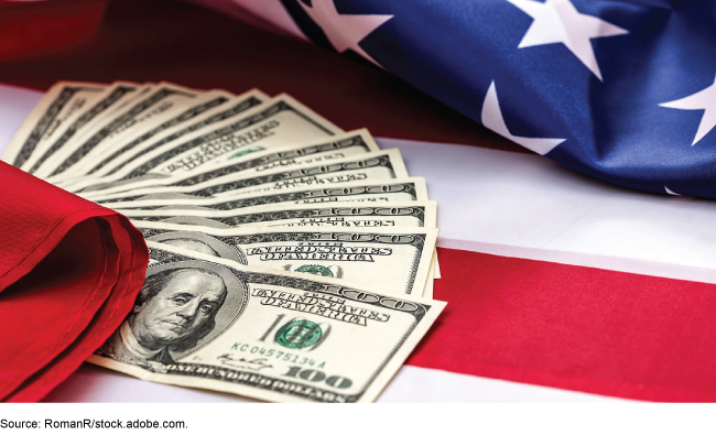 100 dollar bills on a U.S. flag