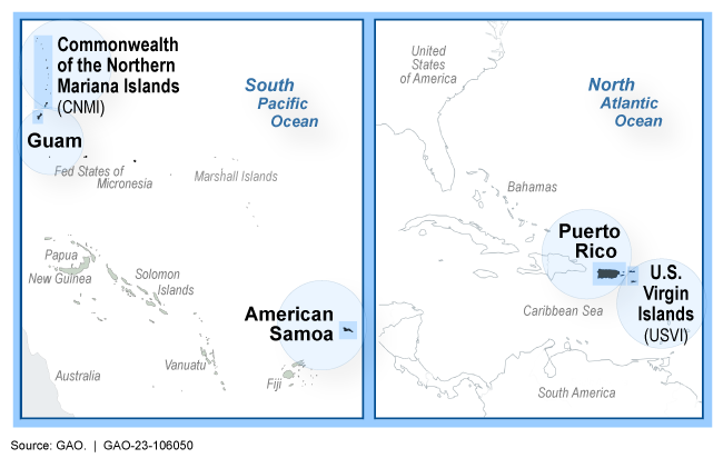 Maps of the U.S. Territories including American Samoa, the Commonwealth of the Northern Mariana Islands, Guam, the Commonwealth of Puerto Rico, and the U.S. Virgin Islands.