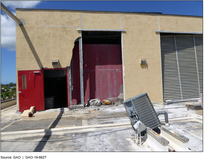 Exterior of building with large hole and other storm damage