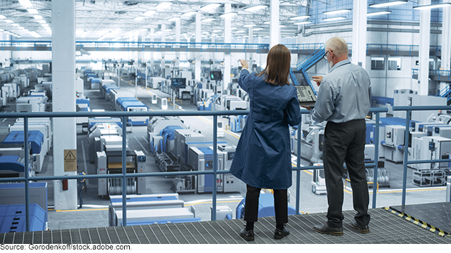 Two people standing on a platform overlooking a manufacturing plant and its equipment.