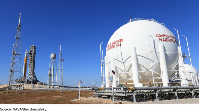 A landscape view of a large white tank that says liquified hydrogen, connected to a rocket ship and launch tower, with other tall metal structures nearby.