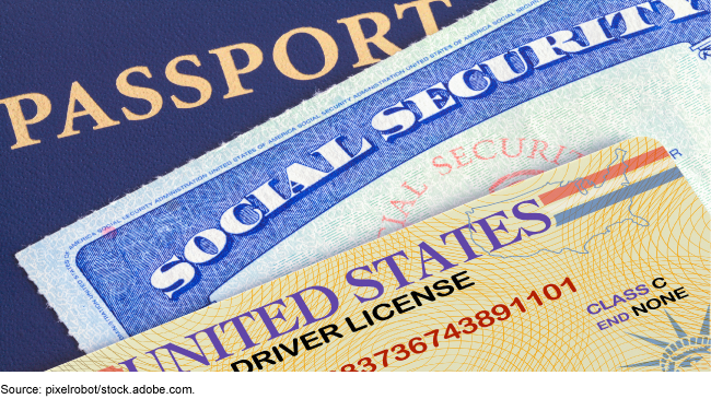 Image of a driver's license, Social Security card, and passport.