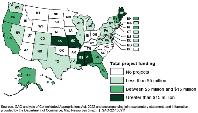 U.S. map showing where the Department of Commerce's FY 2022 project funding was allocated.