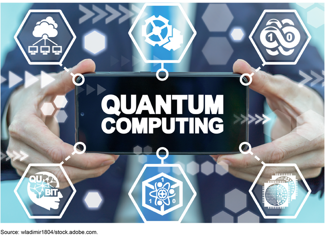 A person holding a small electronic device with the words 'Quantum computing' on it with several computer icons overlayed on the image. A person holding a small electronic device with the words 'Quantum computing' on it with several computer icons overlayed on the image.