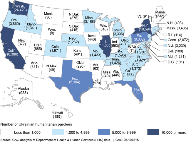 Number of Ukrainians Granted Humanitarian Parole That Received HHS Refugee Assistance by State, Fiscal Years 2022–2024 Combined