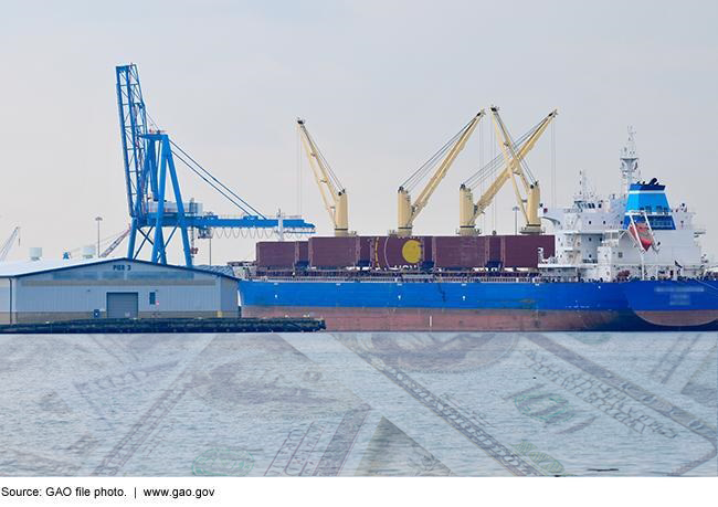 Money superimposed over water and a cargo ship in a port