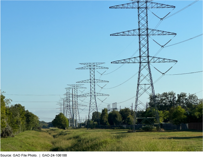 Tall utility poles connecting powerlines in a grassy area with trees