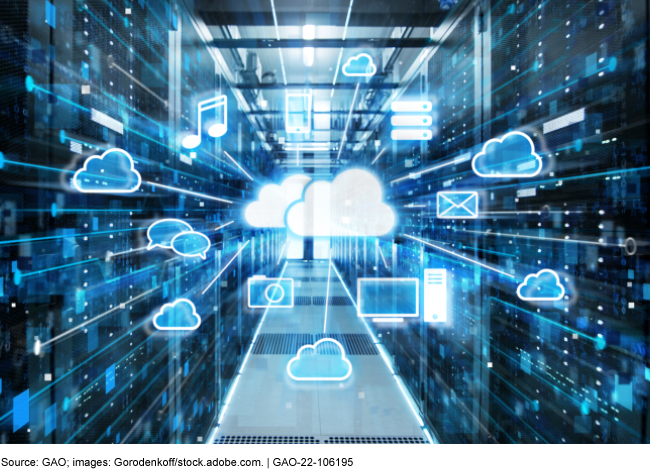 Hallway of network servers with IT-related icons, like clouds, superimposed on it.