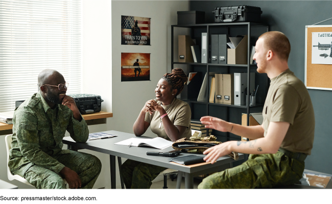 Instructor and cadets dressed in military attire socialize around a desk in a classroom. 
