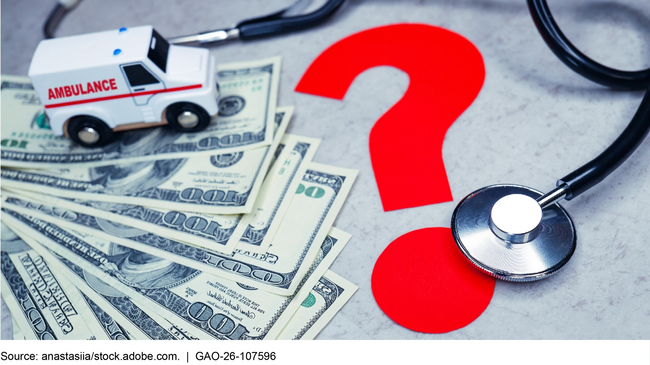 Ambulance, stethoscope, and bold red question mark overlaid on cash.