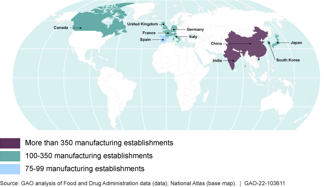 color-coded map showing the number of manufacturing establishments in other countries