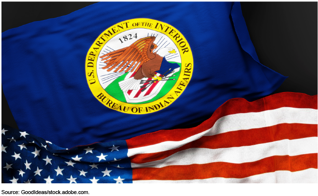 The U.S. Department of the Interior Bureau of Indian Affairs' flag flowing above the United States flag on a black background. 