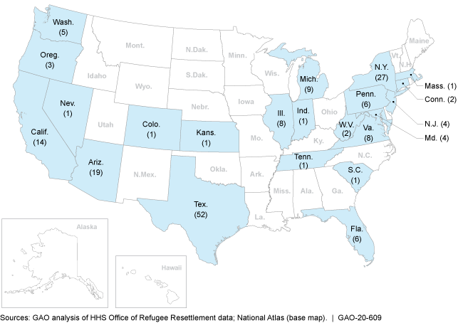 Map of the United States showing 22 states highlighted in blue with the number of facilities in parentheses below the state name.