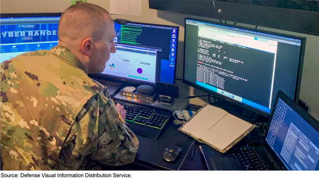 Servicemember looking at computer monitors