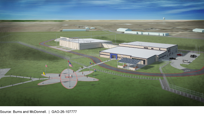 Artists' rendering of a nuclear research facility with two large, flat buildings and a paved area in the shape of a cartoon atom Artists' rendering of a nuclear research facility with two large, flat buildings and a paved area in the shape of a cartoon atom