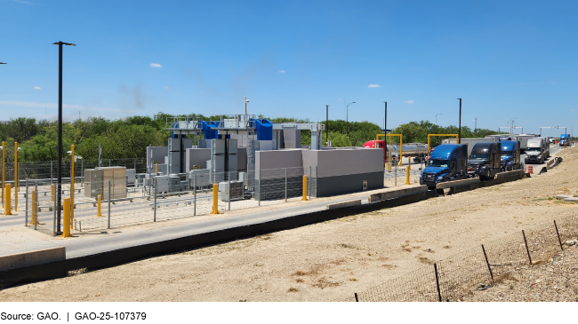 Image of X-ray systems at a commercial vehicle crossing—they look like toll lane infrastructure.