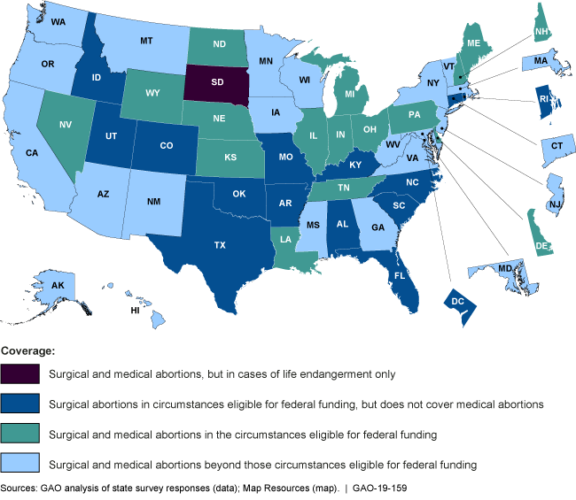 This color-coded map shows the varying policies in 50 states and the District of Columbia.