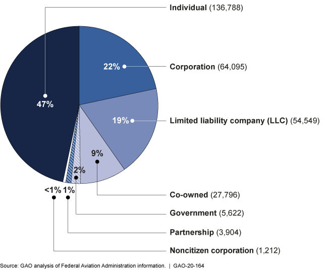 Pie Chart: Individual-47%; Corporation-22%; LLC-19%; Co-owned-9%; Government-2%; Partnership-1%; and noncitizen corporation- >1%