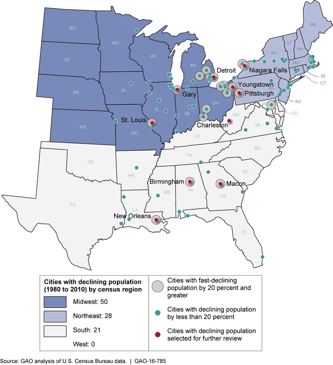 This map shows cities with declining population by census region for 1980 to 2010.