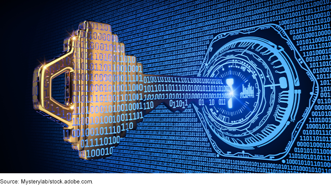 A key formed from binary code goes into an abstract lock.