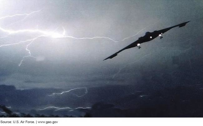 Photo of a B-2 bomber flying in stormy skies.