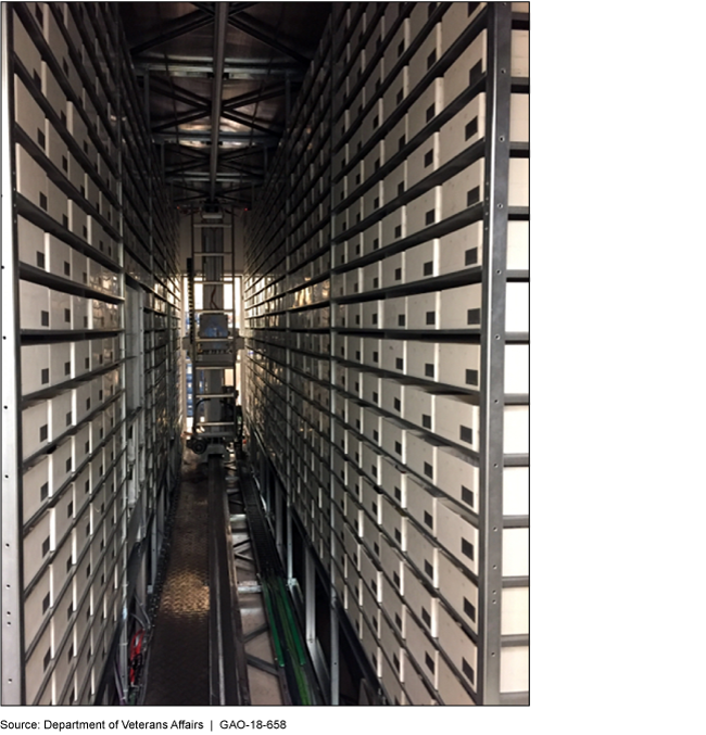 This photo shows rows of containers going from floor to ceiling on both sides of an aisle. 