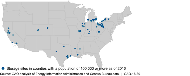 Approximate Location of Natural Gas Storage Sites within Counties Populated by 100,000 or More People