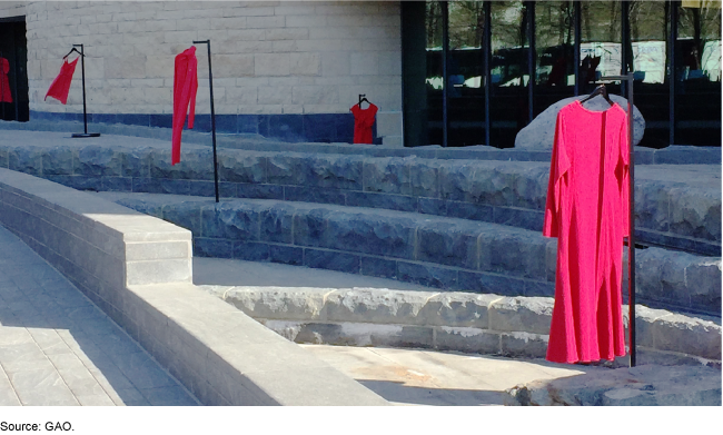 Dresses hanging on poles outside a museum entrance