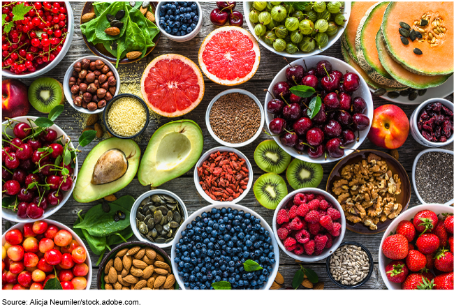 collage of fruits and nuts, many in round white bowls