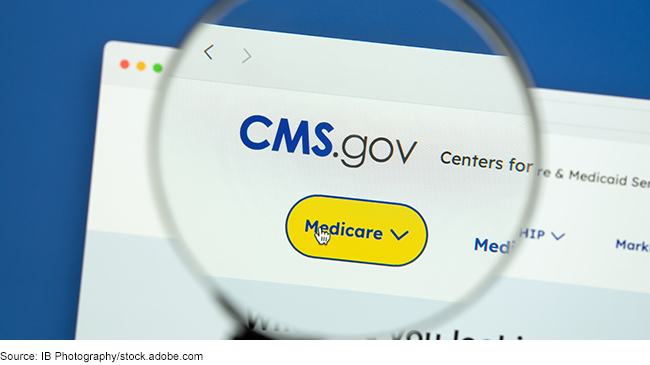 A view of the Centers for Medicare & Medicaid Services website through a magnifying glass, with the cursor on the Medicare button