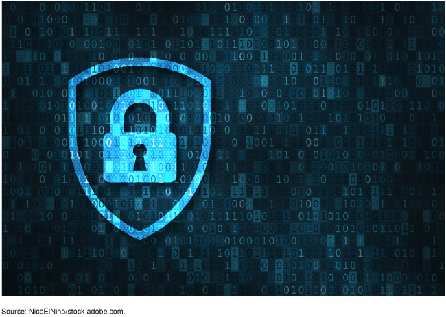 Illustration of cybersecurity, showing a shield with a blue lock on a binary coded screen. 