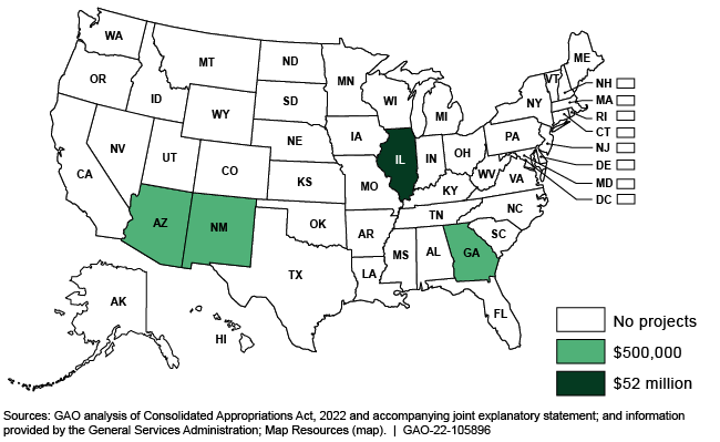 A U.S. map with states colored different shades of green representing GSA funding amounts.