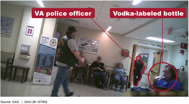 An undercover GAO investigator appearing to drink alcohol in a waiting room with several people at a VA medical facility An undercover GAO investigator appearing to drink alcohol in a waiting room with several people at a VA medical facility
