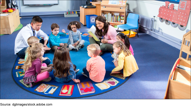 Children and teachers in a daycare sitting in a circle on the floor. Children and teachers in a daycare sitting in a circle on the floor.